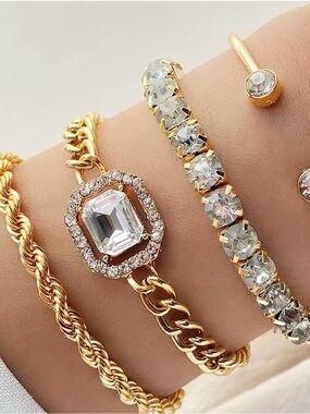 Gold Crystal Link Bracelet Set - Clear Crystal Accents